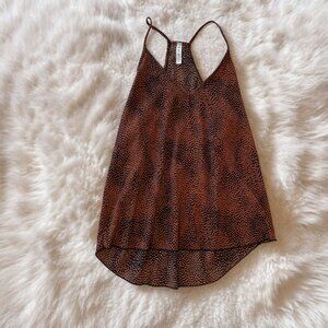 MTS strappy abstract print blouse navy orange-tan dots